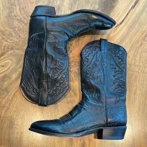 LUCCHESE 2000 Ostrich Leather Black Cowboy Boots T3130R4 Mens 12 Riding Western
